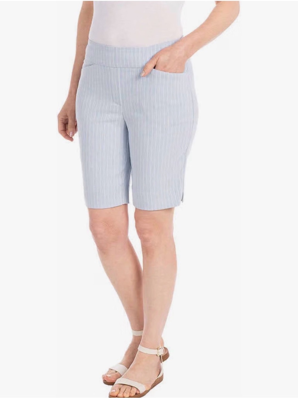 Hilary Radley Light Blue Pinstripe Pull-On Bermuda Shorts